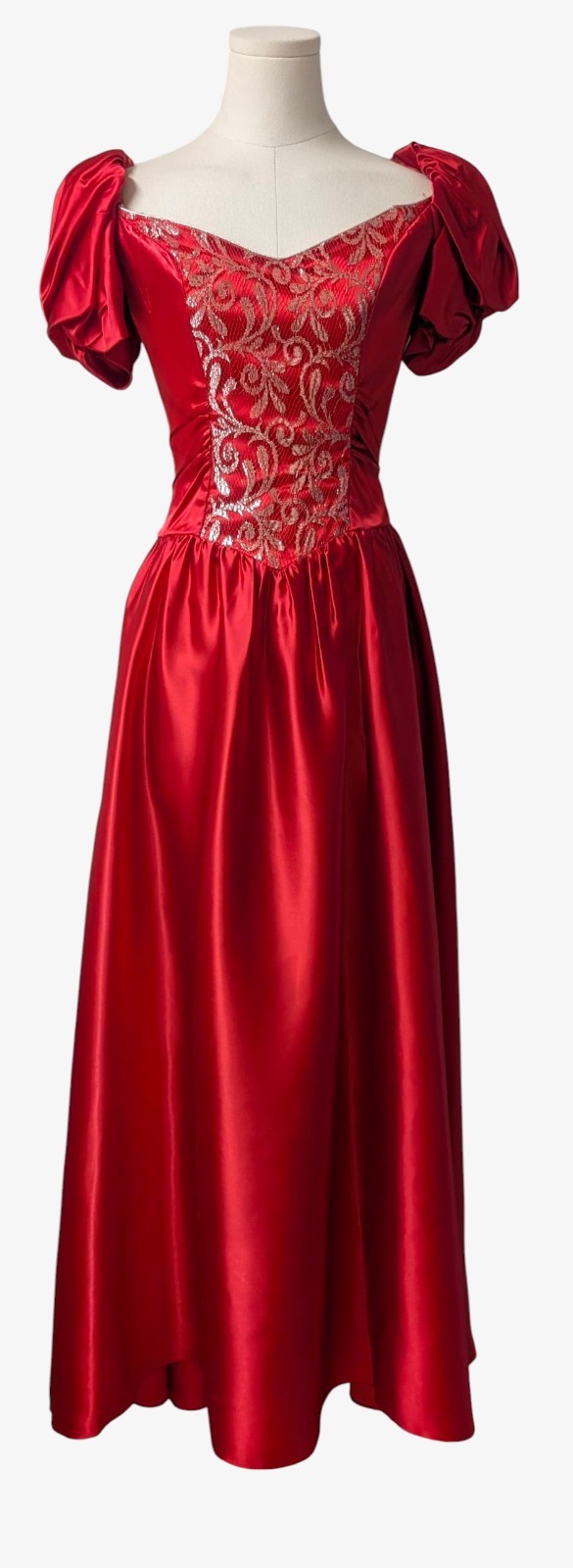 Vintage 70’s 80’s Red Satin Silver Lace Prom Gown Dress Puffy Sleeves Bustle S