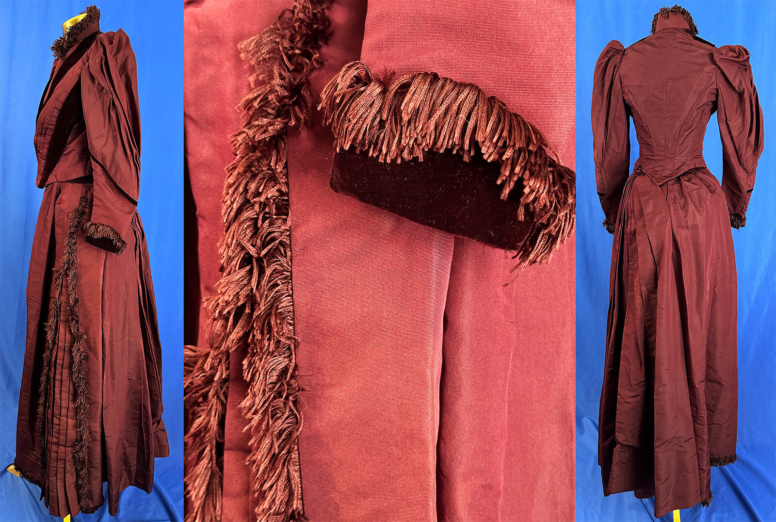 Victorian Burgundy Red Silk Velvet Chenille Fringe Trim Bodice Bustle Skirt Gown