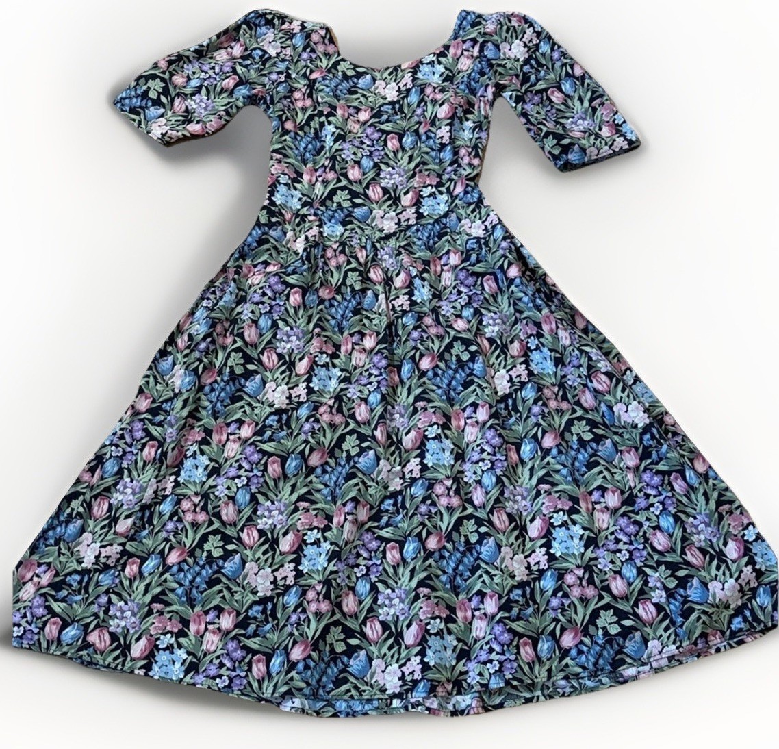 Vintage Prarie Princess Floral Midi Dress Puff Sleeves Basque Waist Cottage
