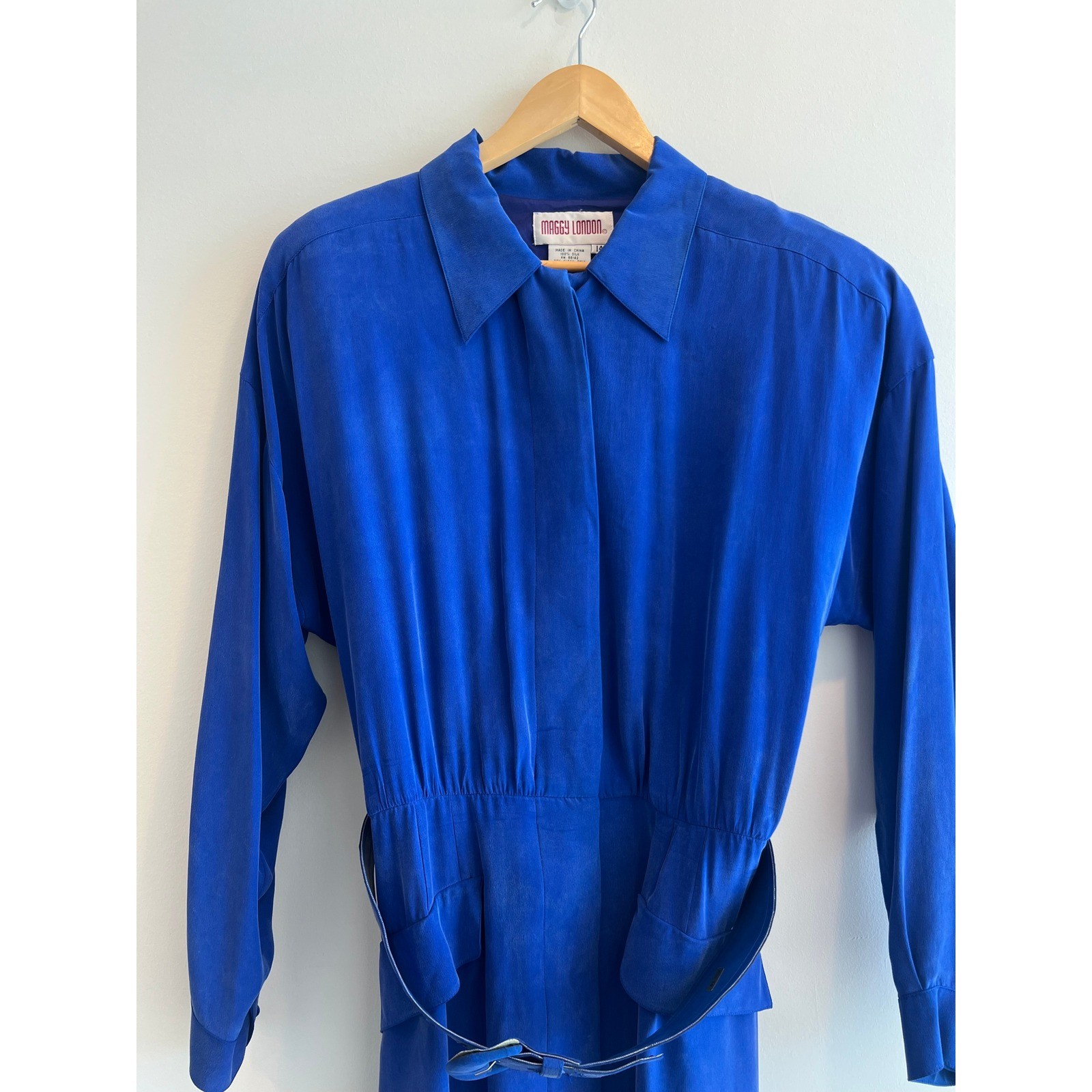 Vintage Maggy London 100% Silk Midi Dress Women 14 Royal Blue Belted Long Sleeve