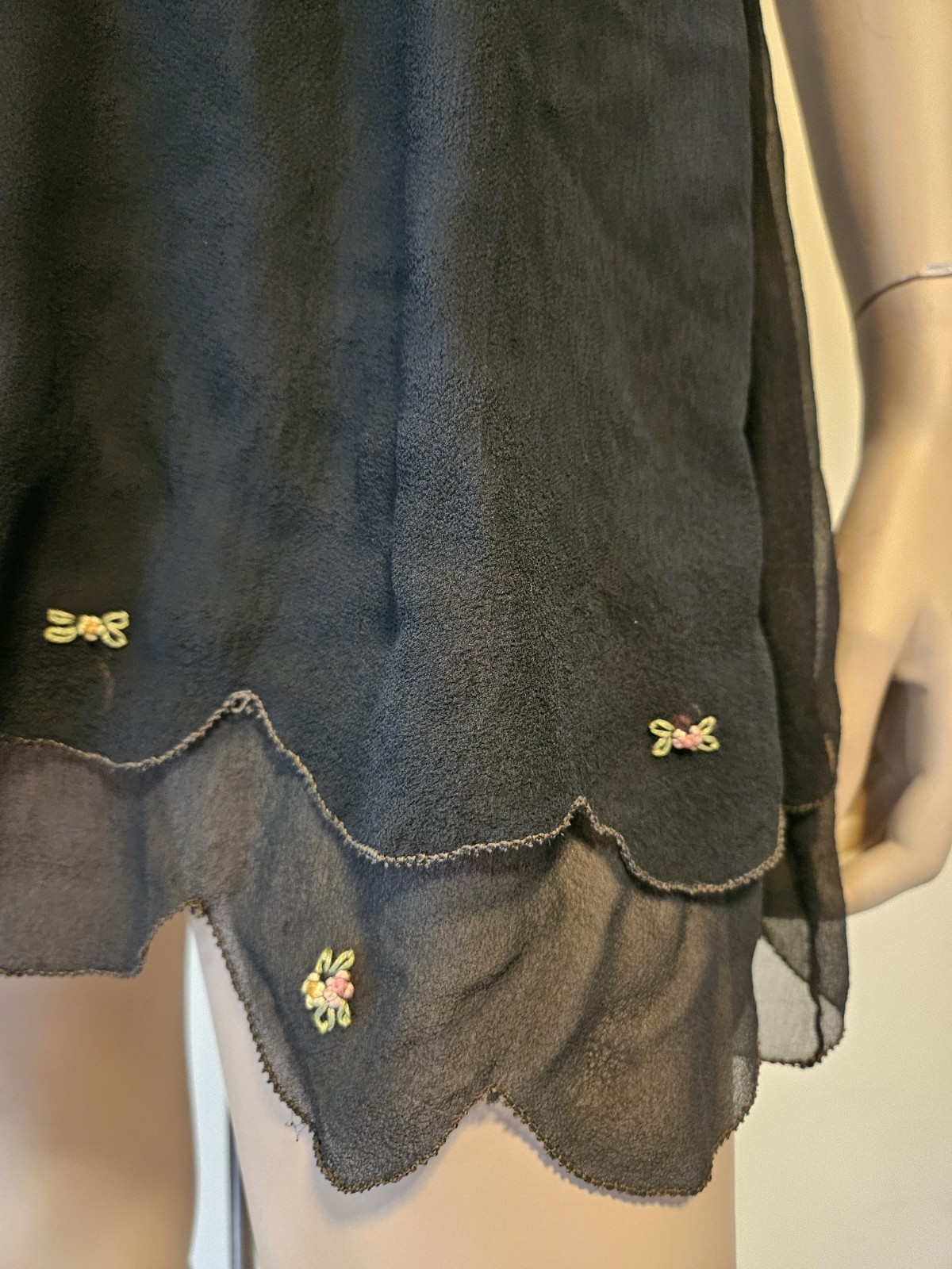 Art Deco Vintage 1920s Black Silk Chiffon Teddy Slip Dress W Floral Embroidery