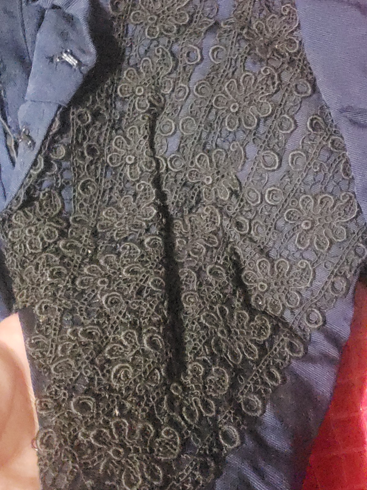 Authentic Antique 1870’s Victorian Blue w Black Lace Jacket Bodice Boned Small