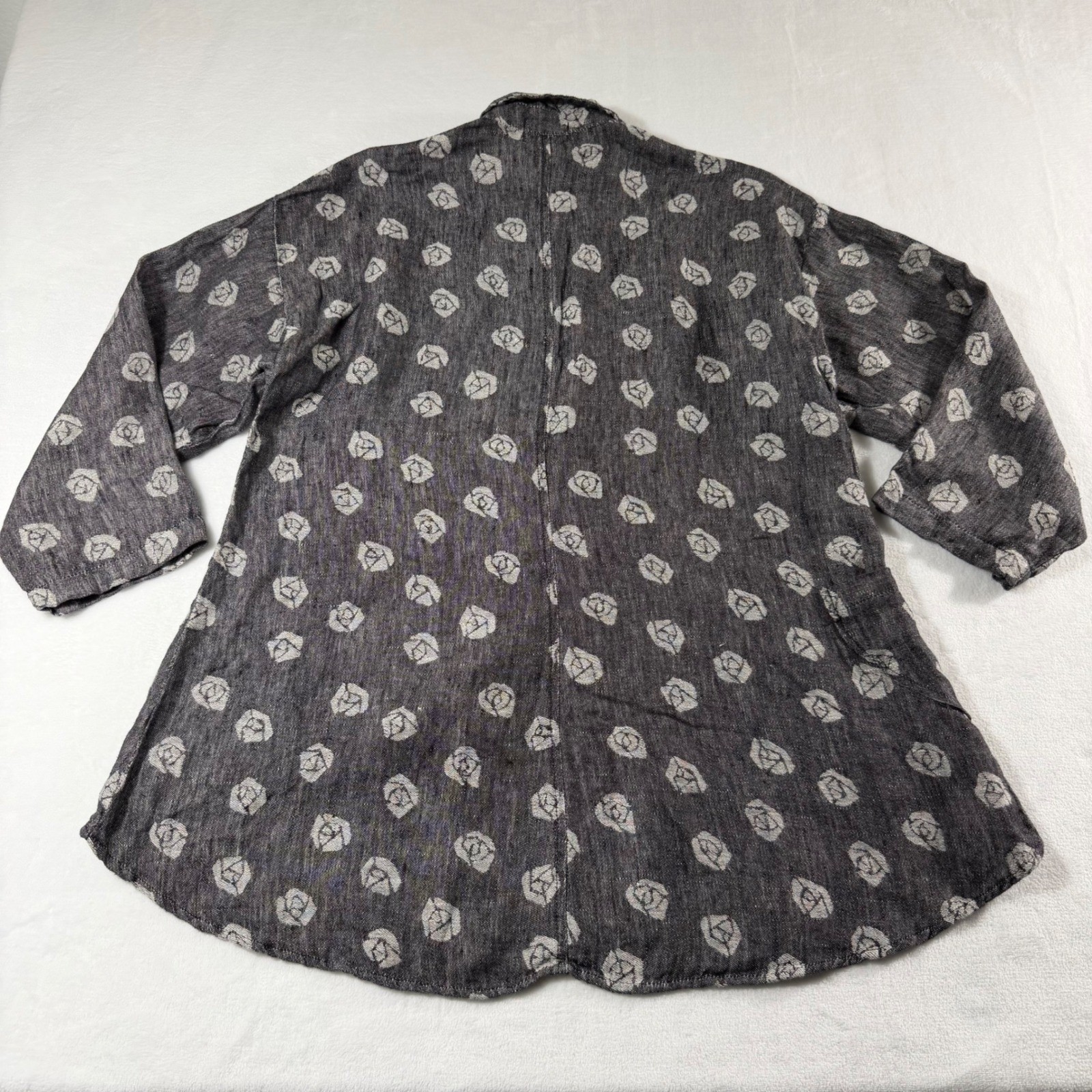 Vtg Mosaic 100% Linen Rose Shirt Women S Grey Floral Lagenlook Button Up USA EUC