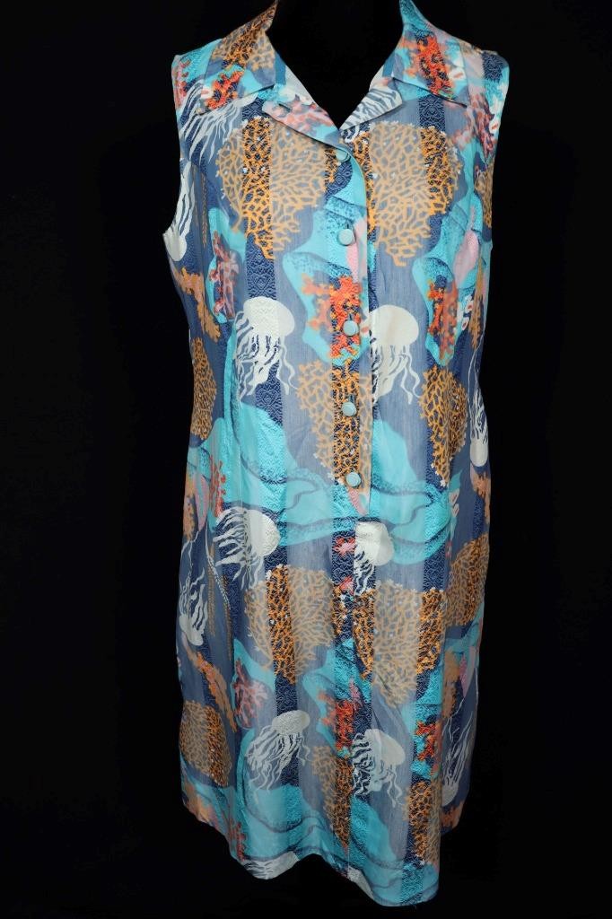 Very Rare Vintage 1970’s French Ocean Woven Like Print Poly Lined Dress Size 10+