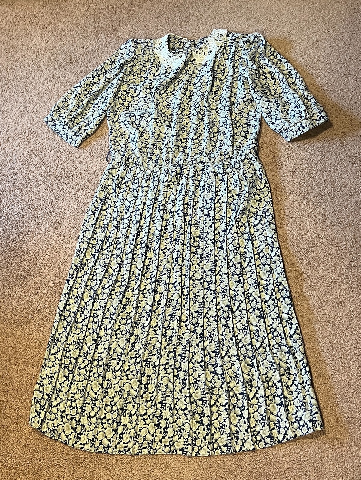 Vtg Breli Originals Blue Floral Dress Women Size 12 Lace Detail Collar Pleated