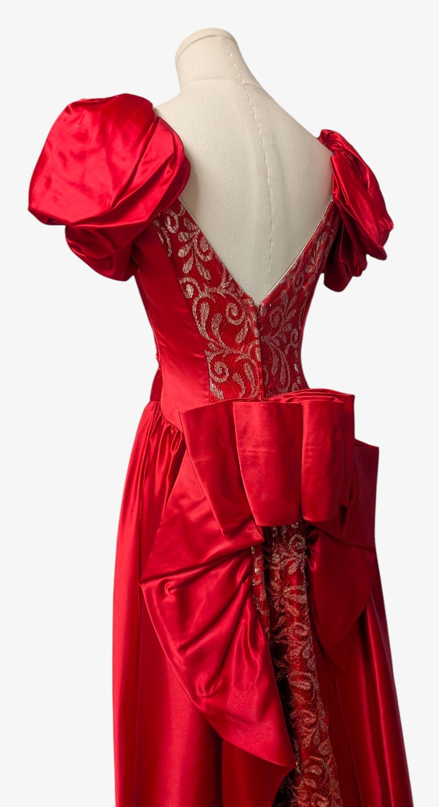 Vintage 70’s 80’s Red Satin Silver Lace Prom Gown Dress Puffy Sleeves Bustle S