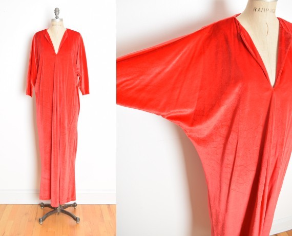 vintage 70s dress DAVID BROWN red velvet draped disco caftan maxi party gown