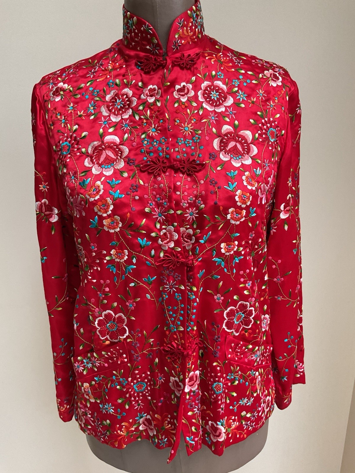Vintage Plum Blossoms Red Silk Jacket Chinese Heavily Embroidered Size 34