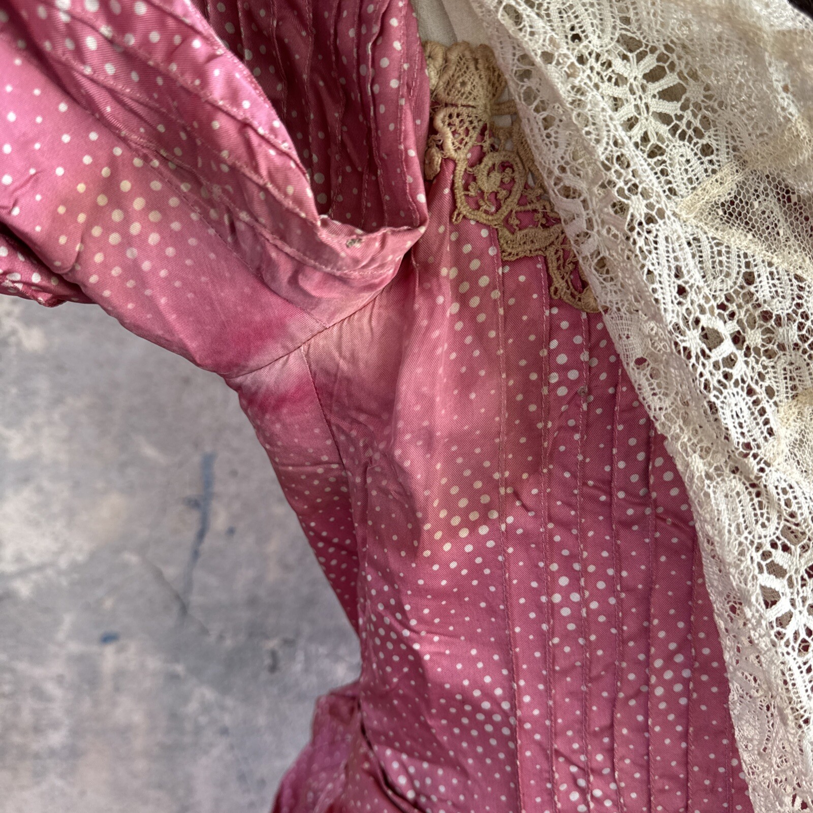 Antique Victorian Pink Silk Dot Print Dress Side Bustle Gown Lace 1880s Vintage