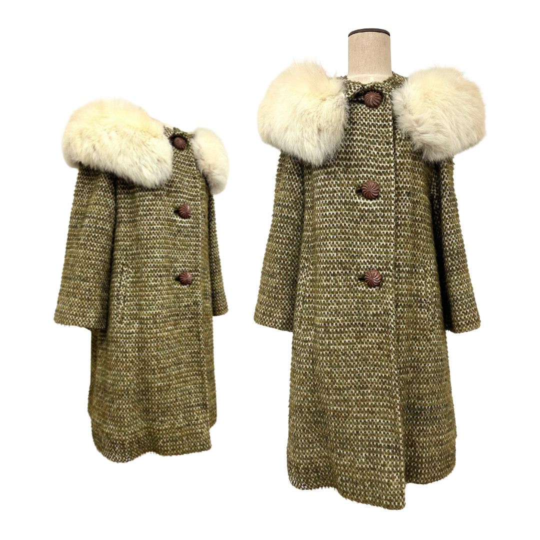 Vintage 1960s Bambolina Green Tweed Car Coat w White Fox Fur Trim
