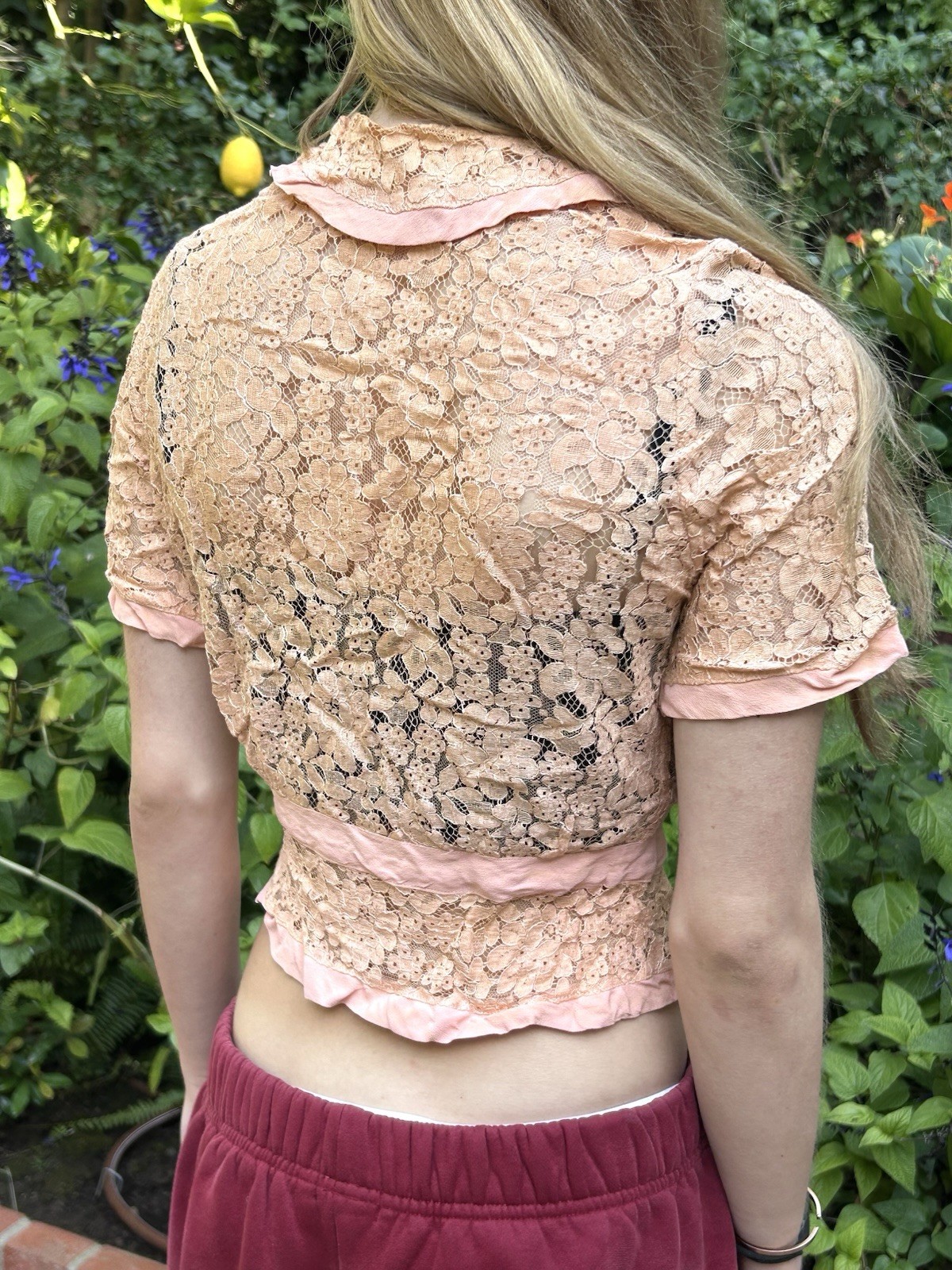 Vintage 20s 30s Lace XS Blouse Peach Handmade Antique