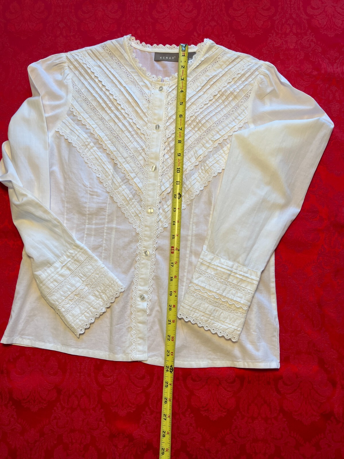 Vintage Lace Front and Cuffs Button- Up Kenar Blouse Women’s Size M 100% Cotton
