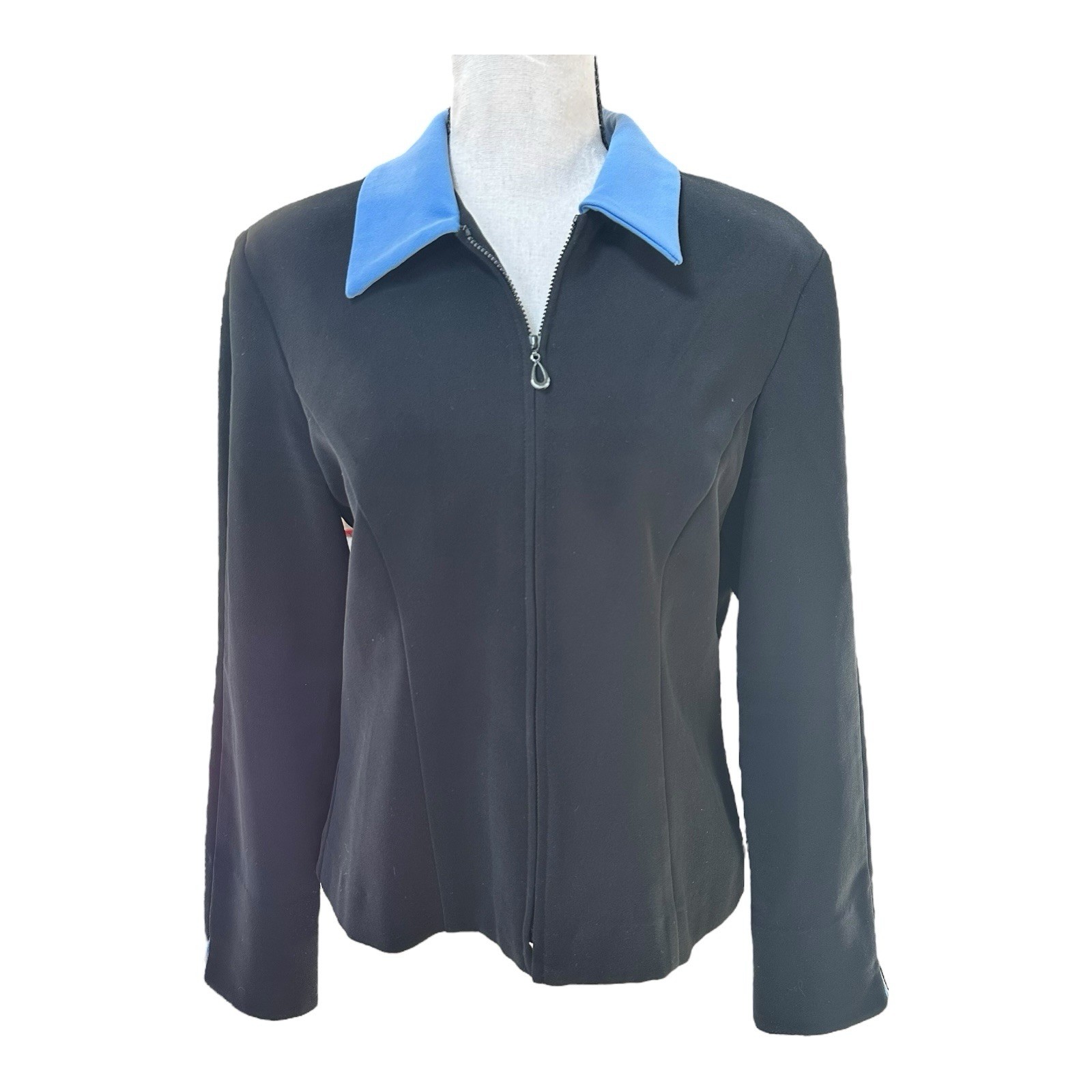 Vtg Jessica Howard Black Zip Jacket Blue Collar 80s 90s Shoulder Pads USA Sz M