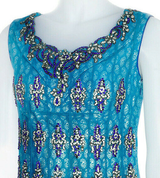 Style of India Special Occasion Beaded Dress and Scarf Expert Stonework Blue SM