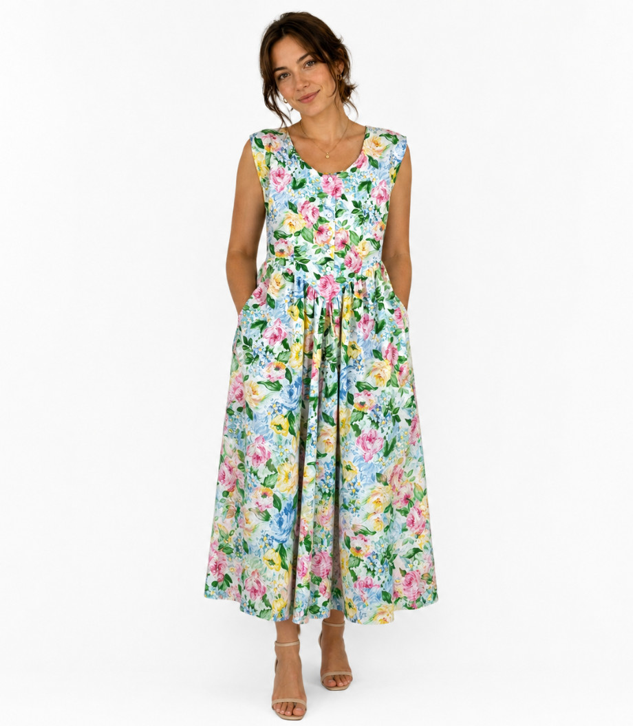 VTG 90s Willow Ridge Drop Waist Floral Midi Dress 8 Pocket Button Basque Cottage