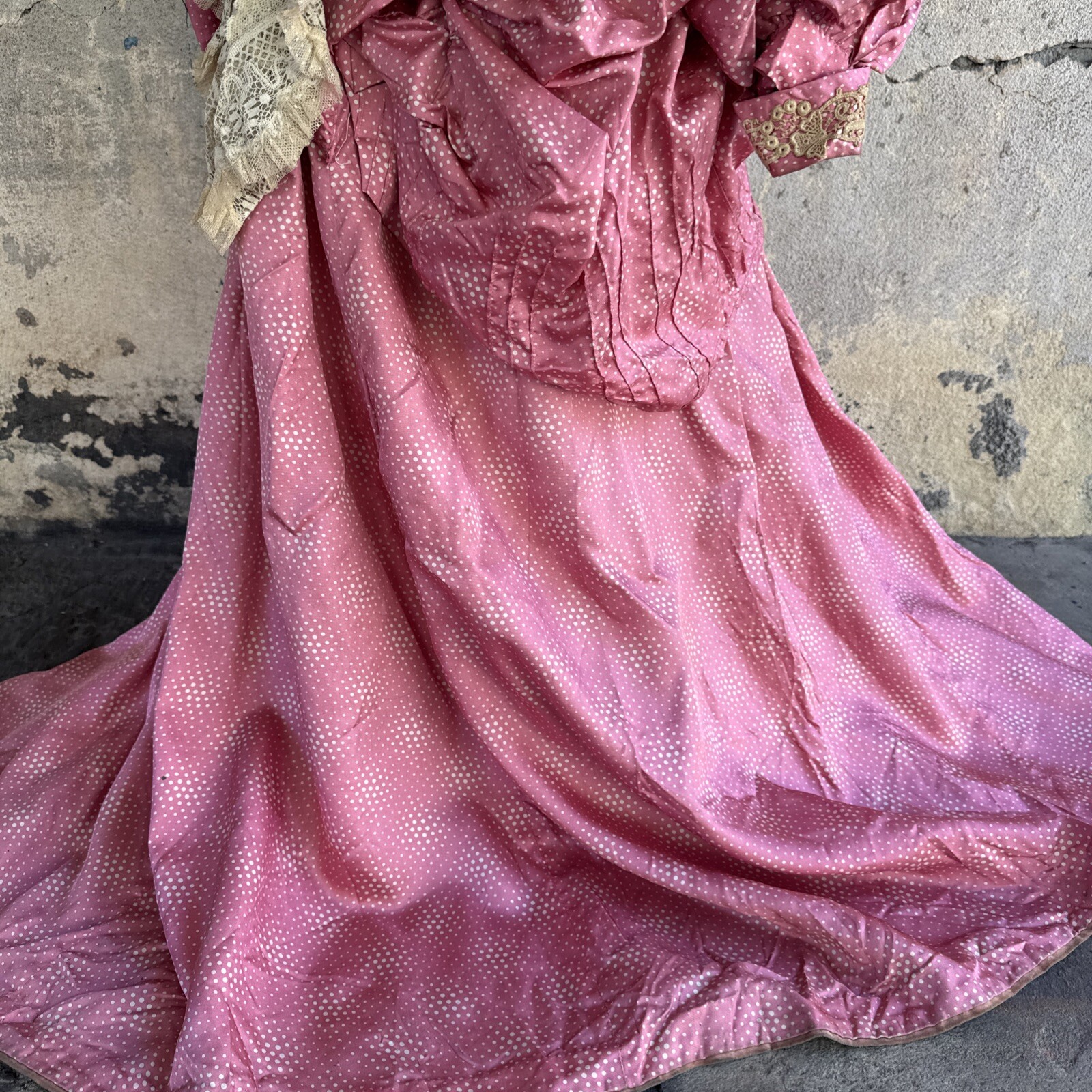 Antique Victorian Pink Silk Dot Print Dress Side Bustle Gown Lace 1880s Vintage
