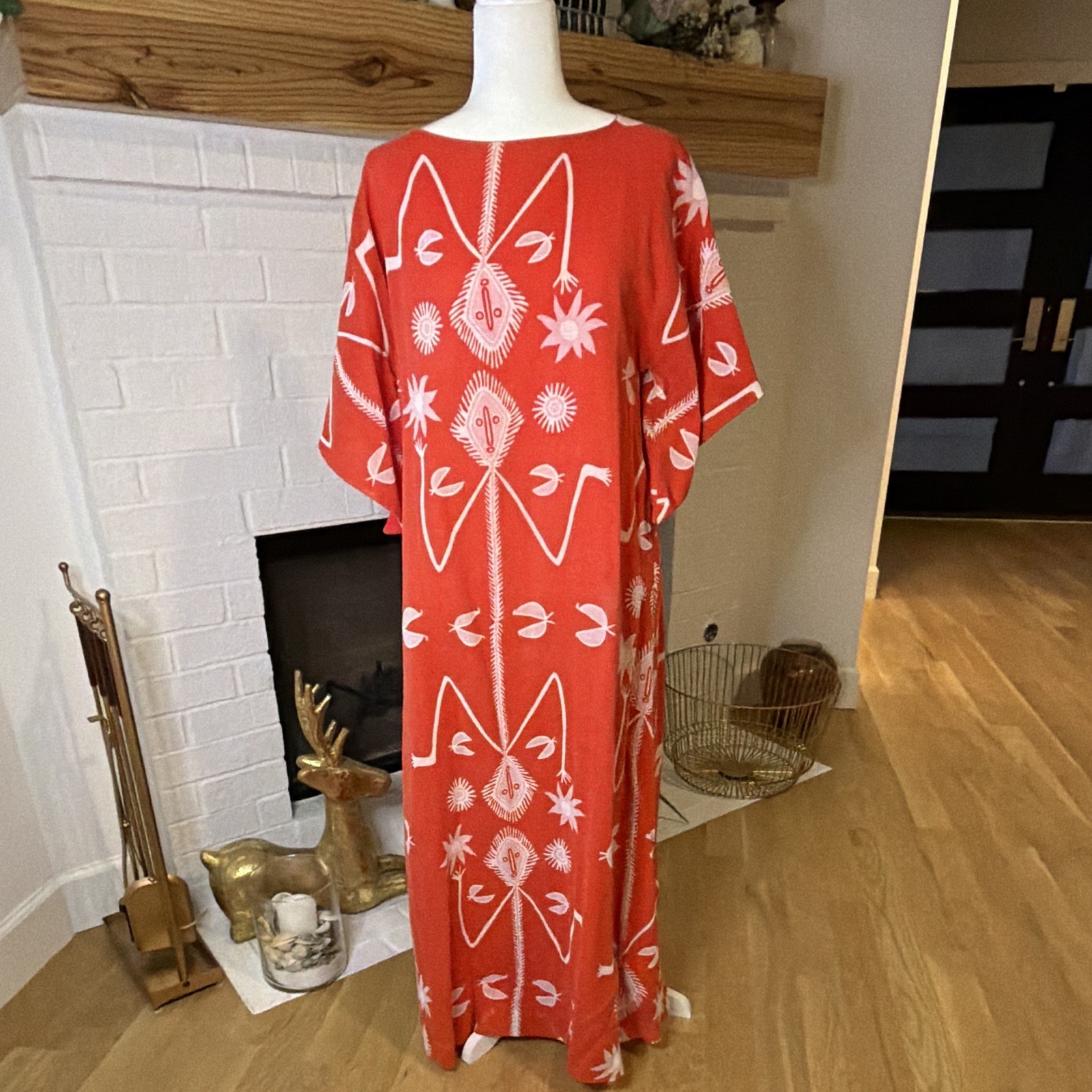 VTG Lazy U Caftan Dress Red White Abstract Print Polyester Cotton Size Regular
