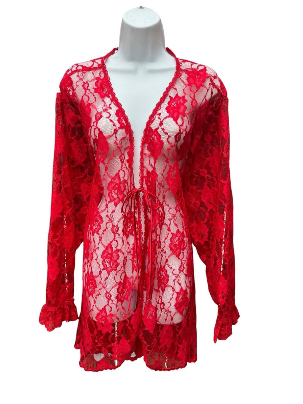 Vintage 80s 90s Lipstick Red Lace Sheer Robe Dress Whimsigoth Fairy Romantic