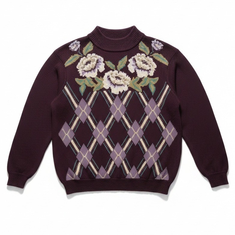 Alfred Dunner Vintage Plum Purple Floral Argyle Wool Blend Sweater, Womens Large
