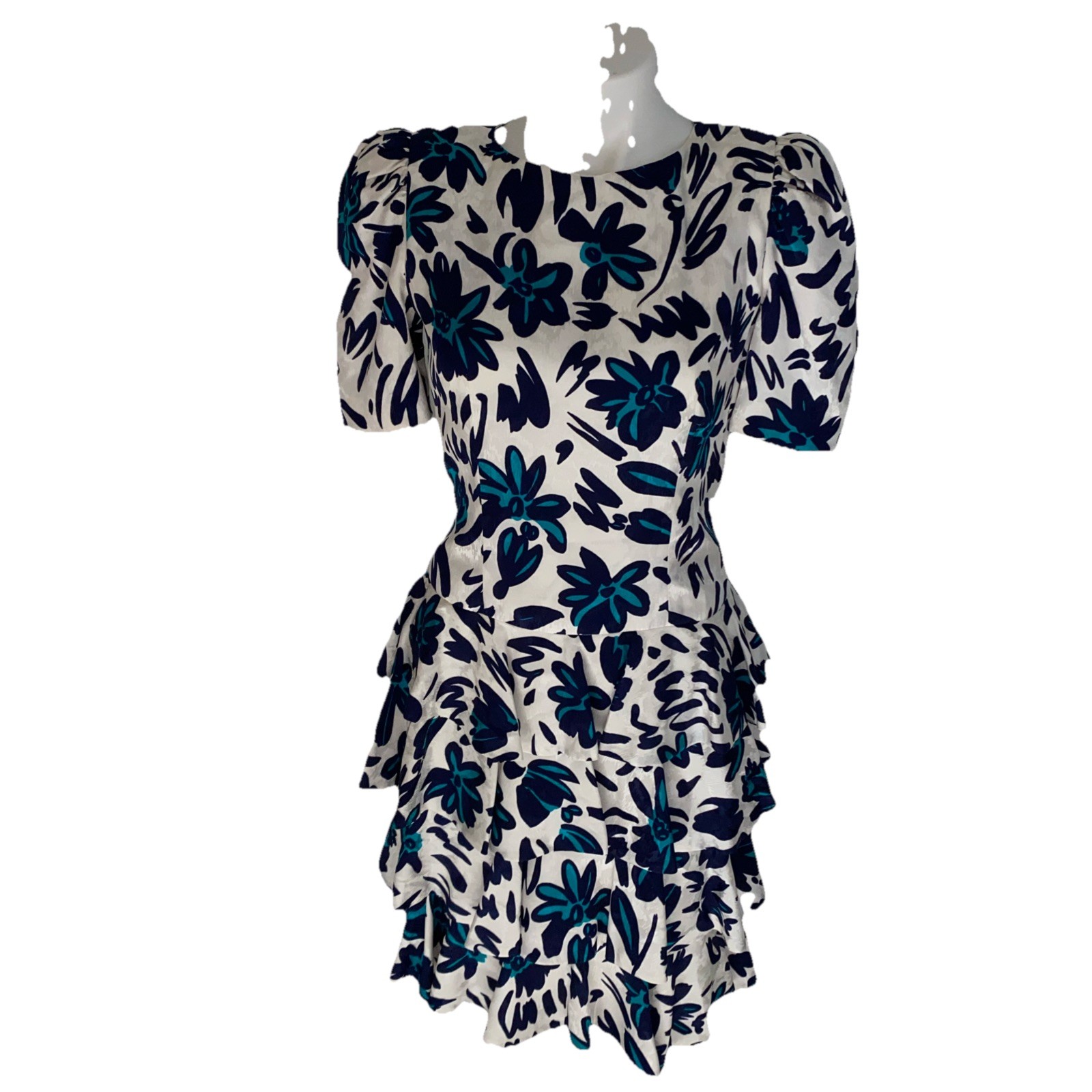 AJ Bari VTG 80s Silk White Teal Floral Tiered Ruffle Keyhole Back Dress Size 4