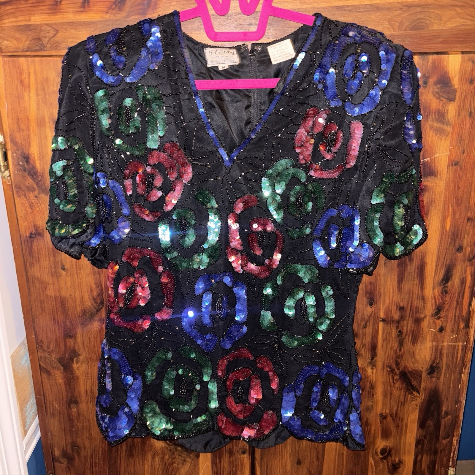 Vintage 80’s Sténay Red Blue Green Colorful Sequin Beaded Top Medium
