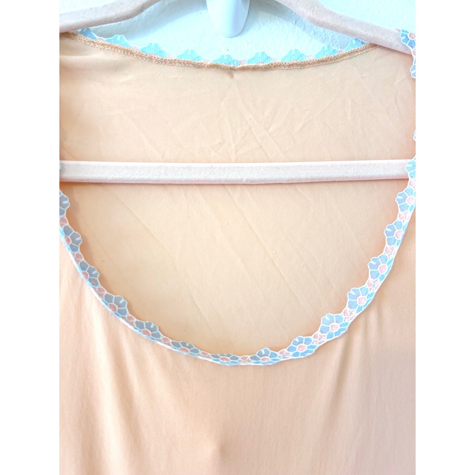 Vintage Peach Sleeveless Maxi Nightgown Slip Dress Blue Floral Lace Trim OS