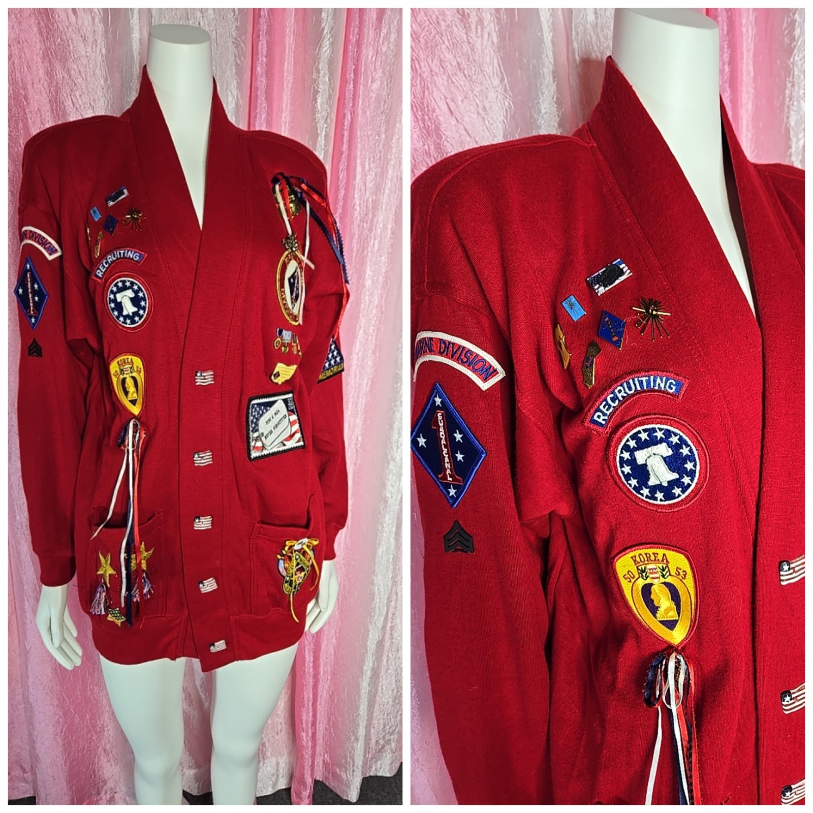 Vintage Red Patriotic USA Flag Military Patches Buttons Cardigan Size Medium