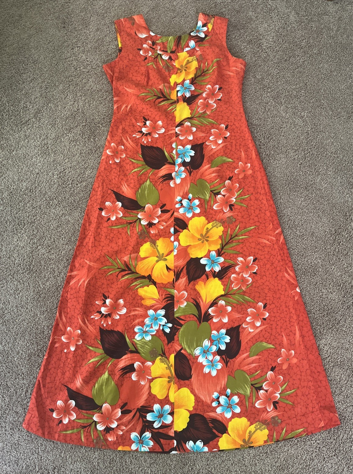 VTG 60/70s Sears Hawaiian Fashions Orange Floral Sleeveless Dress-36″ Chest
