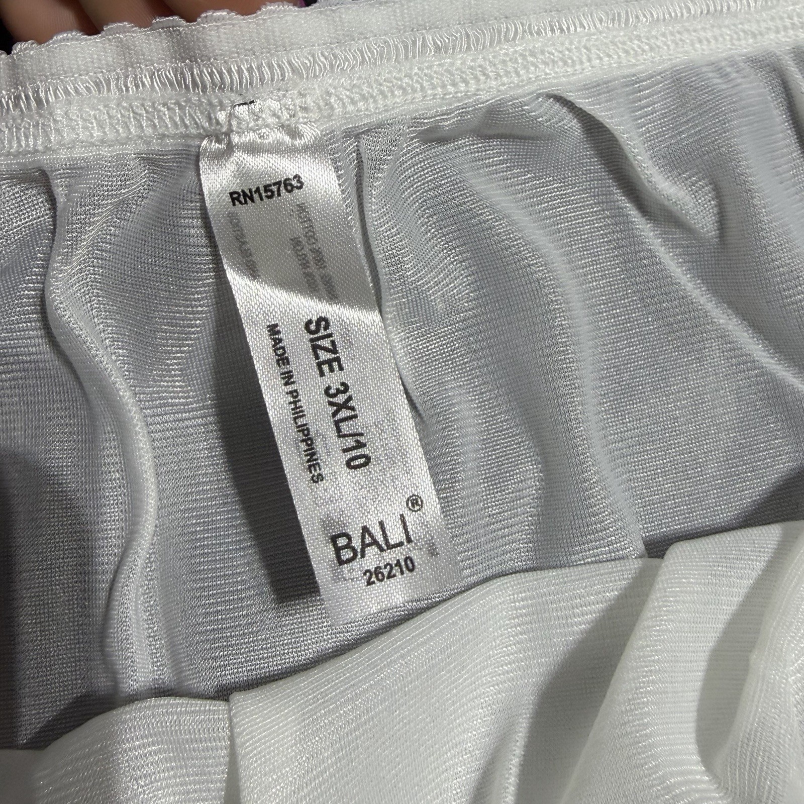 3 Pair Bali 26210 White 3XL / 10 Nylon Satin Full Cut Brief Panties High Waist