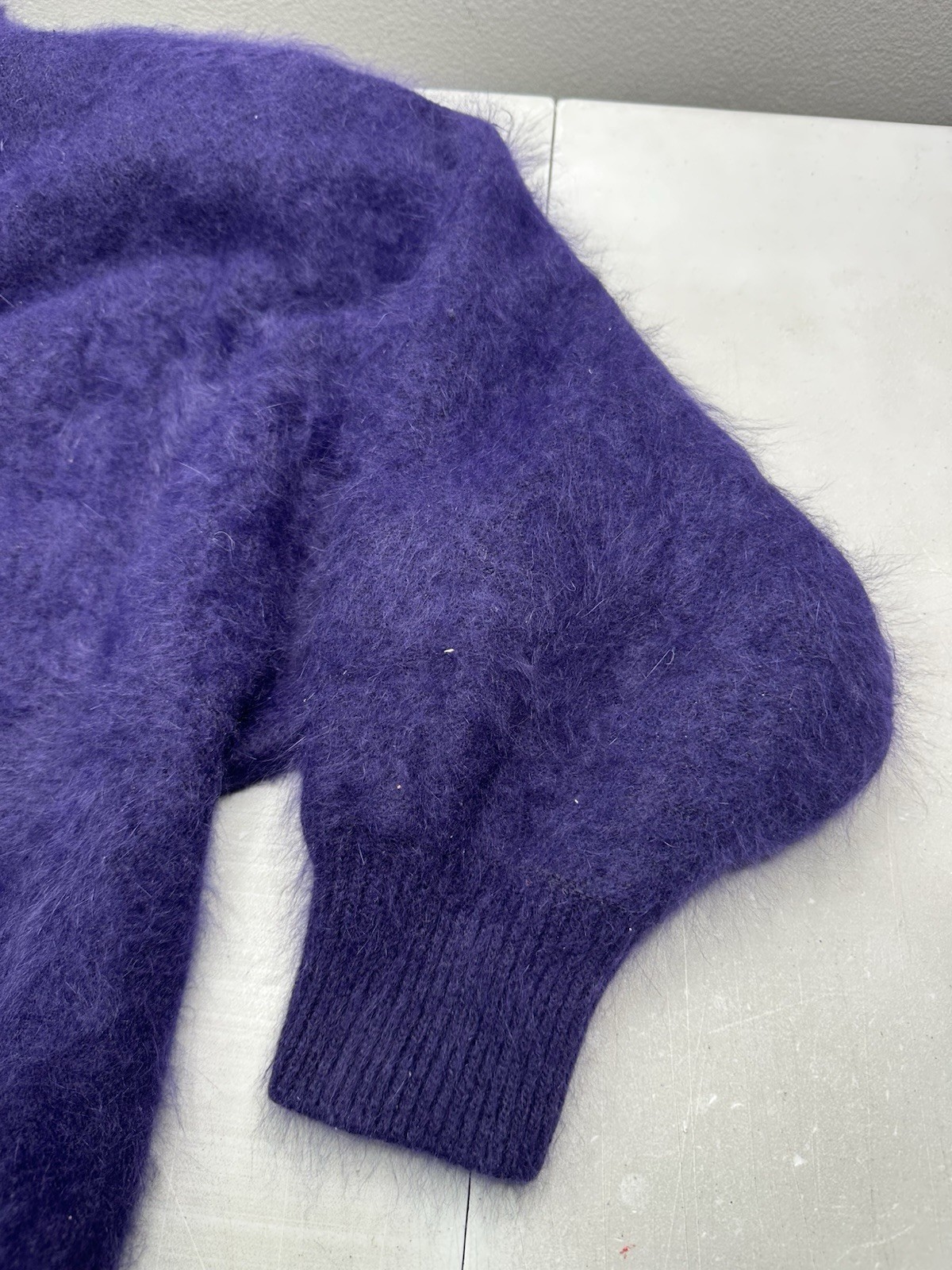 Vintage BIG STAR Keo Sung Fuzzy Cardigan Sweater Gray Angora PURPLE Sz L/XL