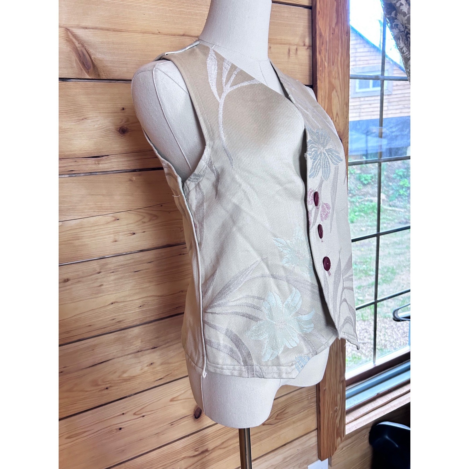 Vintage Jacquard Brocade Vest Womens Small Cream Floral Asymmetrical Handmade