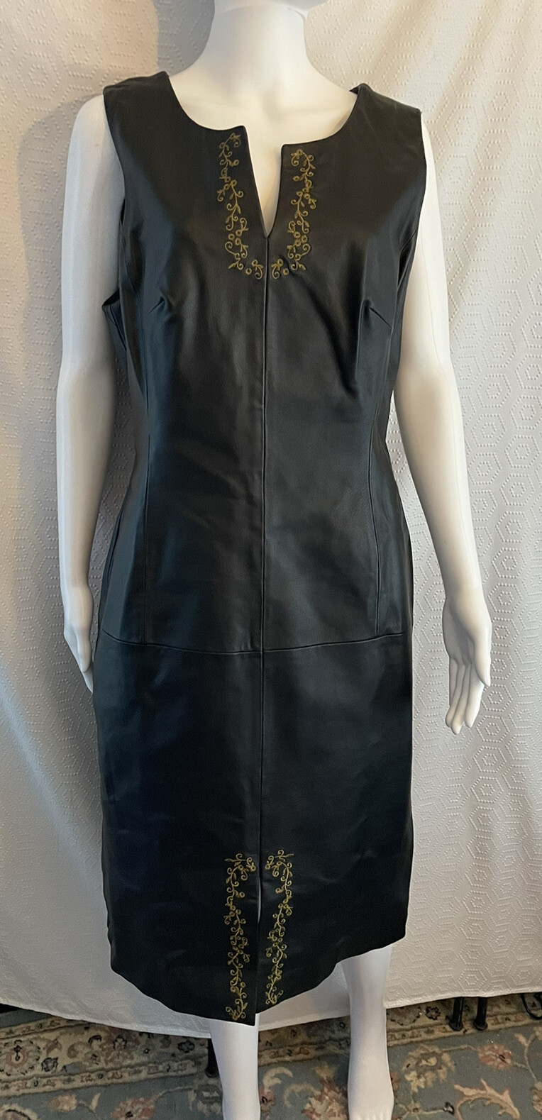 Vintage Leather Dress Newport News 14 Black Gold Embroidery