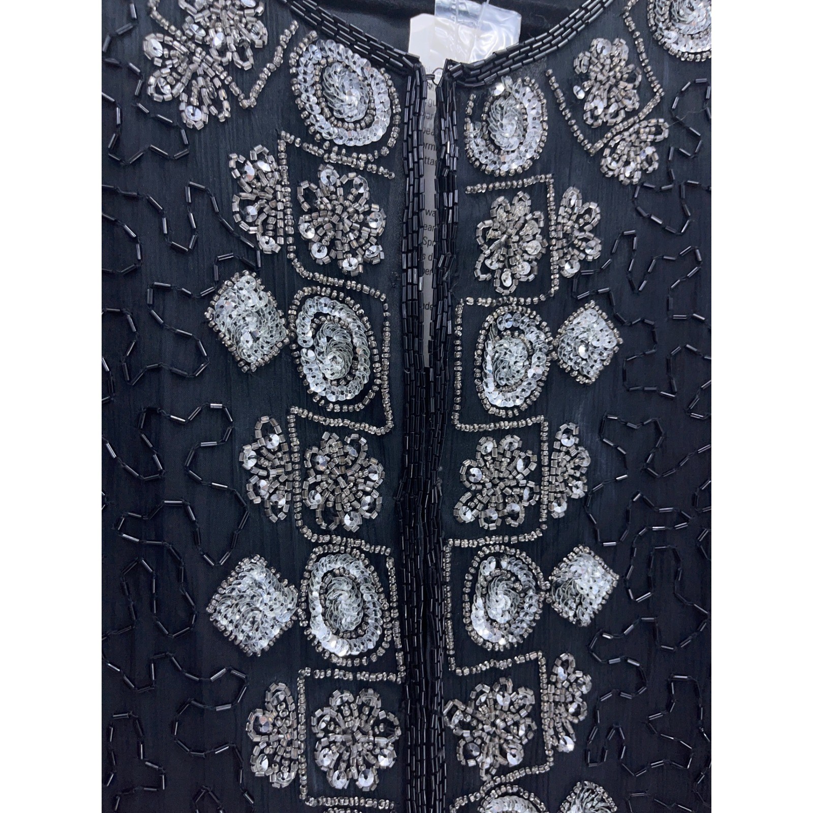 Stenay Black Beaded Silk Evening Jacket Large 80s Silver Sequin Formal Vintage