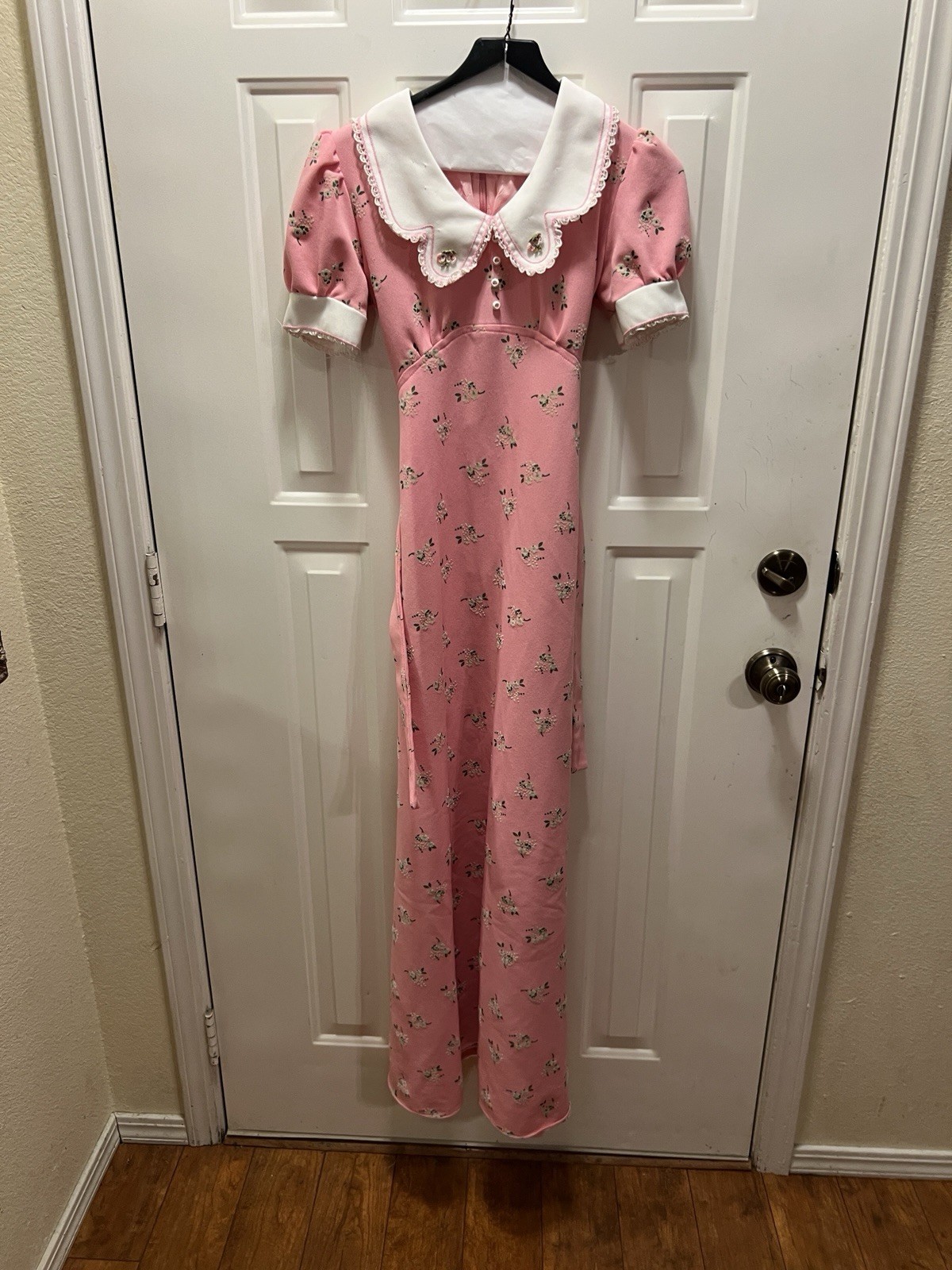 Vintage Pink Floral Maxi Dress Peter Pan Collar Puff Sleeves Cottagecore Prairie