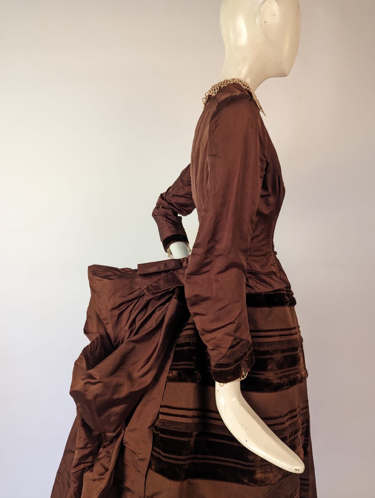 VICTORIAN 1880’S SILK BUSTLE DRESS W VELVET STRIPING + LABEL + BUILT IN BUSTLE