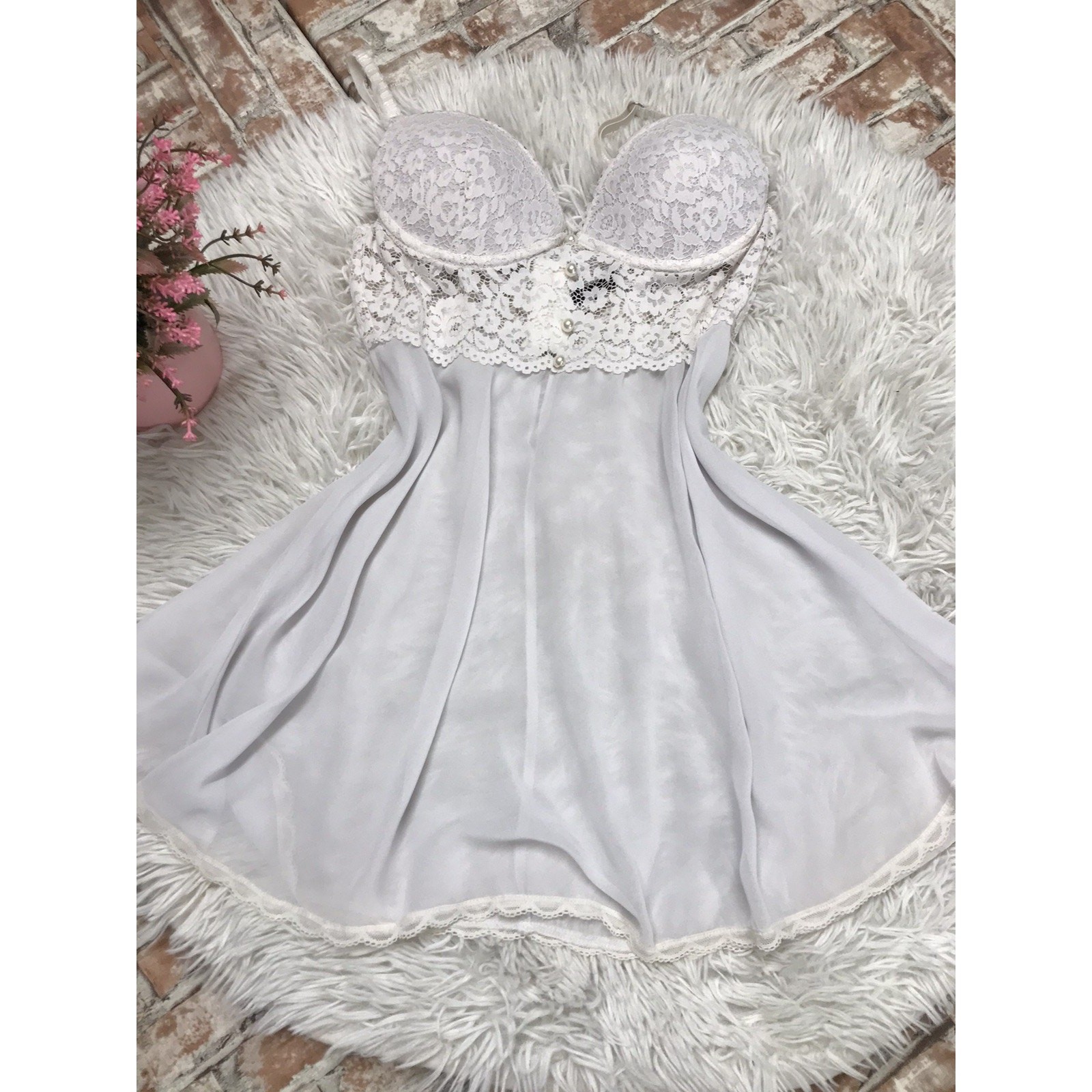 Vintage Seductive Wear By Cinema Etoile Babydoll Sm Sheer White W/ Pushup Bra