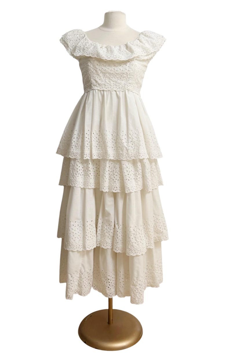 1970s White Dress / White Eyelet Dress / Cottage Core Dress / Size Medium