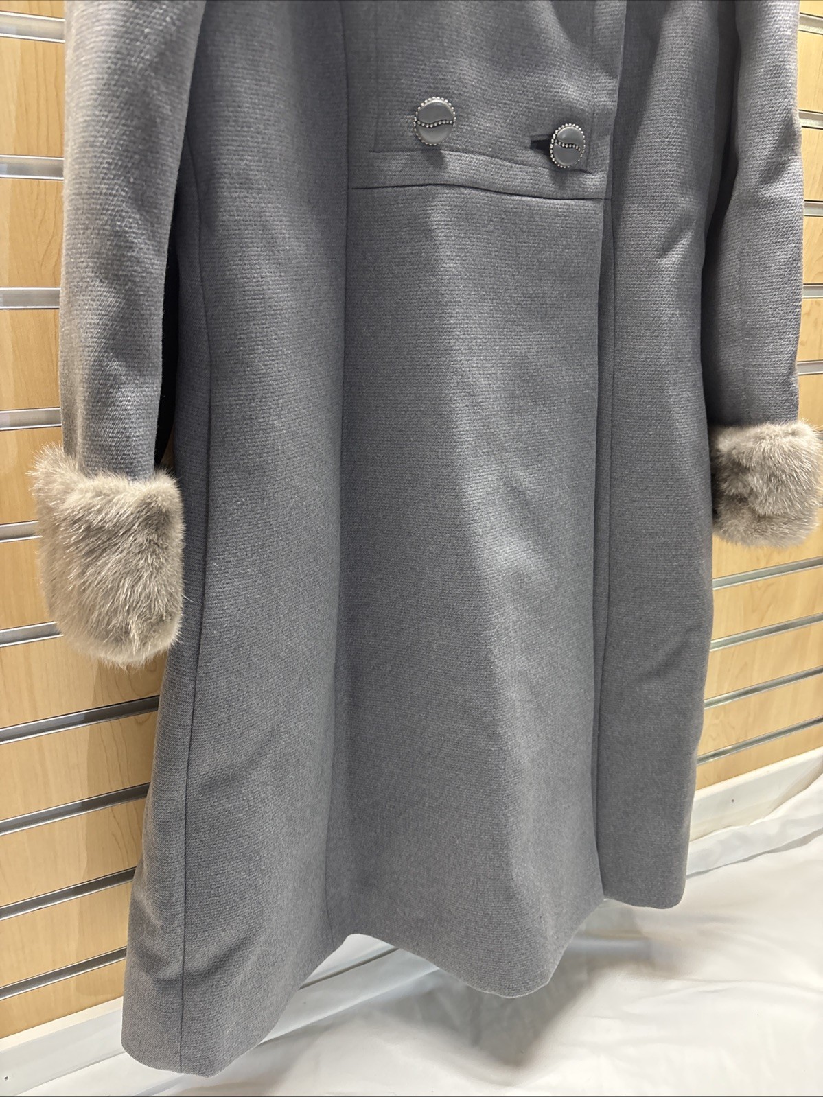 Vintage Women’s Union Made Gray Wool Coat With Fur Trim, 1960s (flaws)