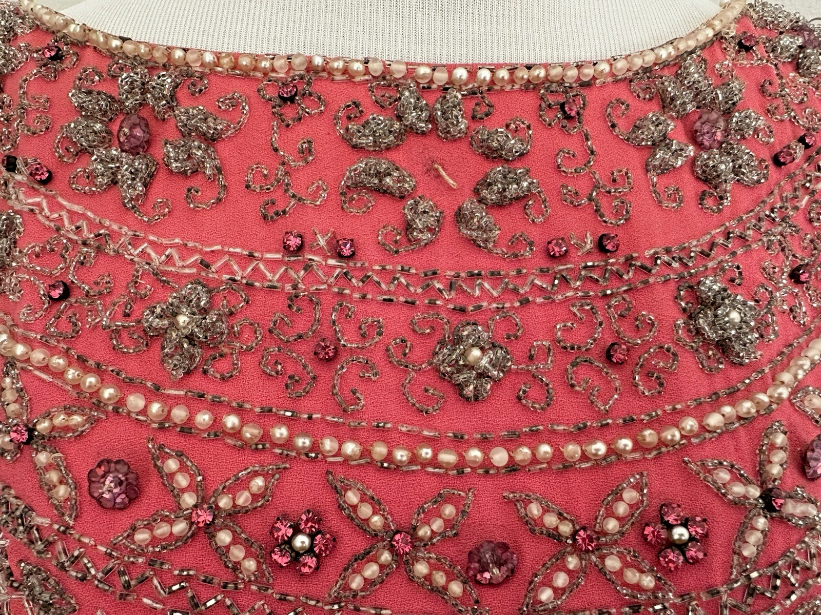 Vintage 1960s Coral Peach Hand Beaded Ball Gown British Crown Colony Hong Kong 8