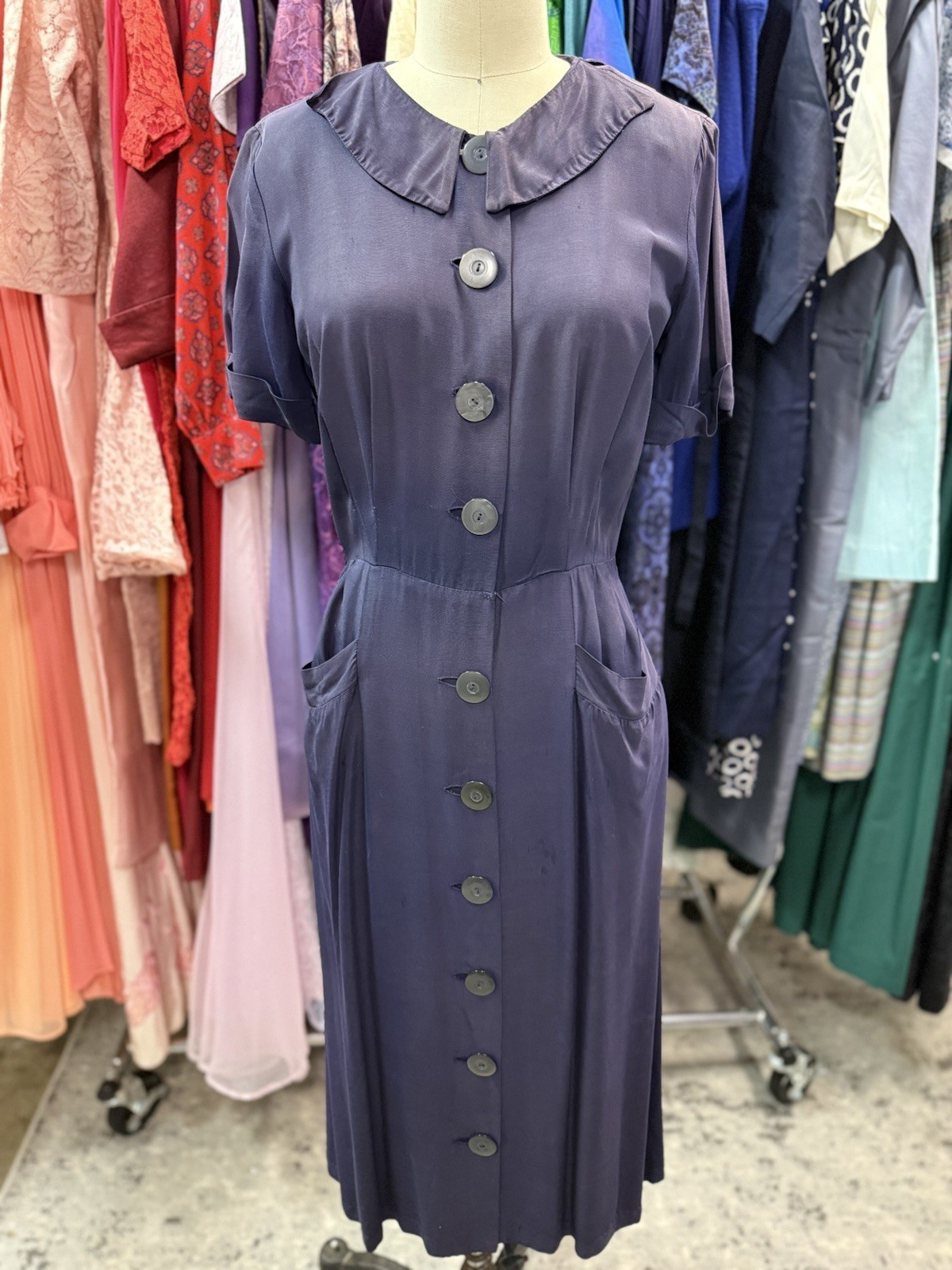 Vintage 1930s DRESS Pat Perkins Purple Rayon Button Front Pencil Pockets S FADED
