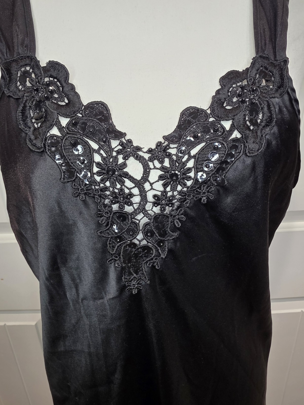 Cinema Etoile Black Satin Slip Dress Sz L Gown Maxi Lace Beaded Neckline USA