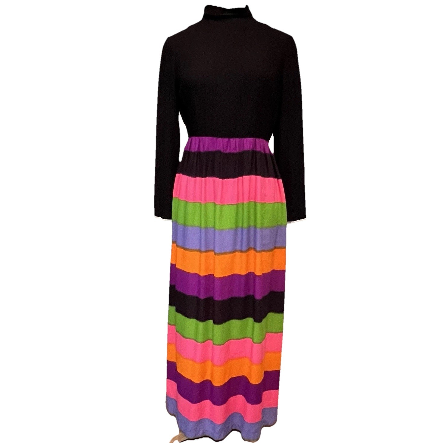 Vintage 60s Park East by Swirl Maxi Dress Mod Rainbow Stripe Boho Size 6 8