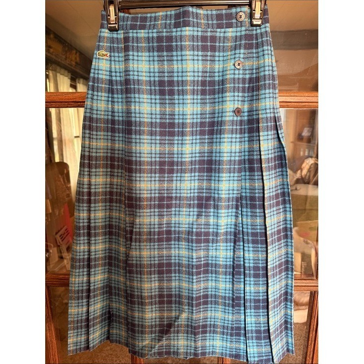 Vintage Chemise Lacoste Blue Plaid Pleated Midi Skirt Made in France Size 38