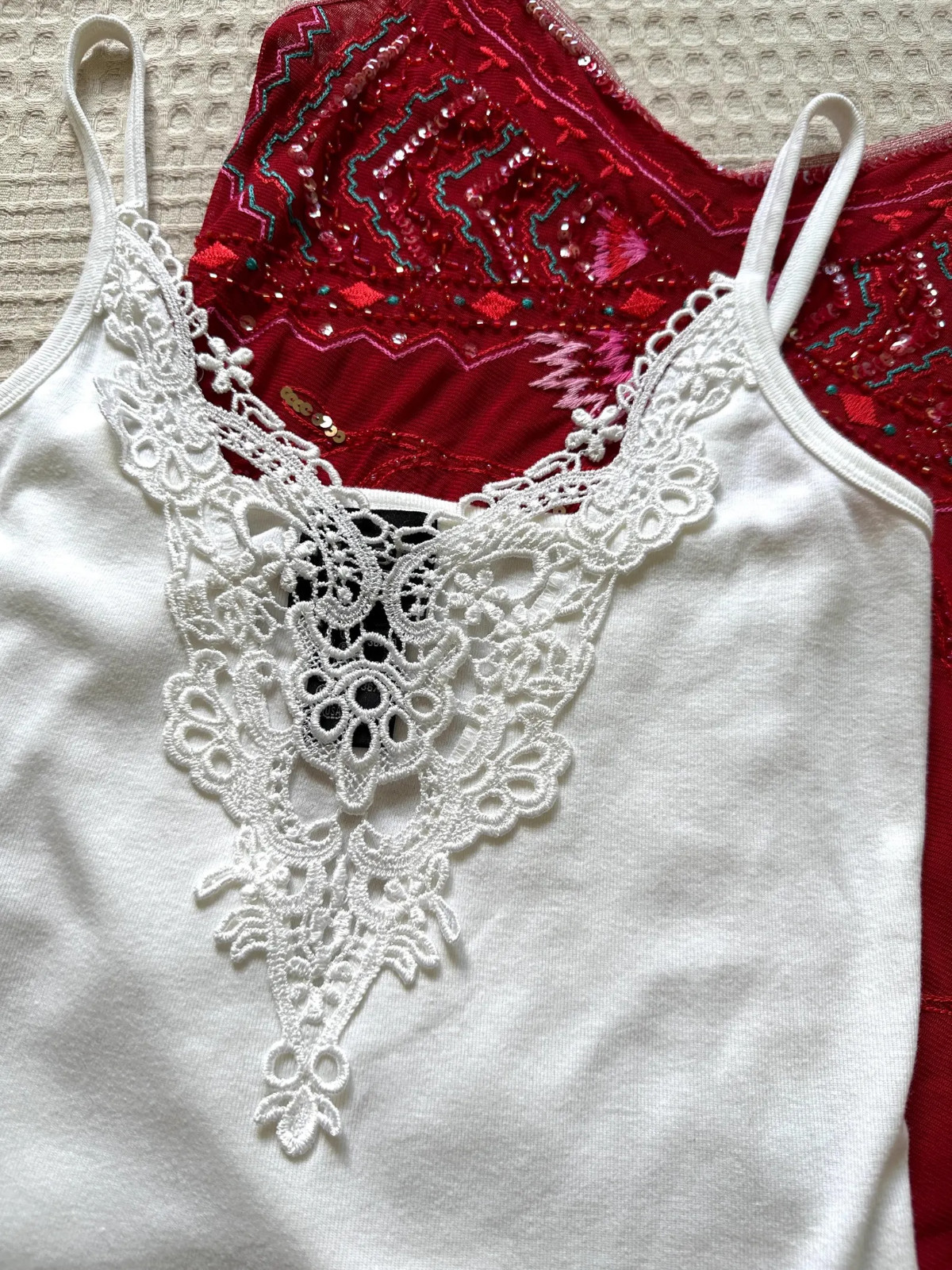 Vintage 2000s White Cotton Cami Top, Lace Trim, Y2K Crochet Guipure Camisole