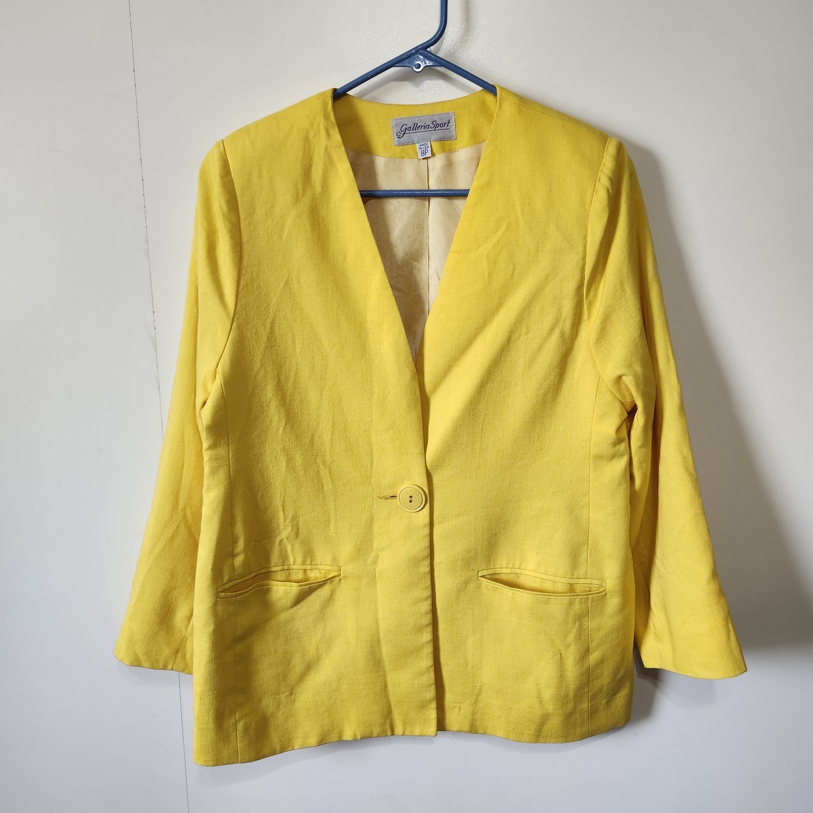 Vtg Galleria Sport Yellow Linen Blend Blazer Size 8P Shoulder Pads Career Retro