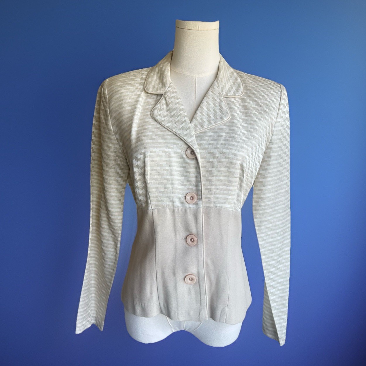 VTG 90s All That Jazz beige white rayon peplum blazer Jacket textured Sz 5/6