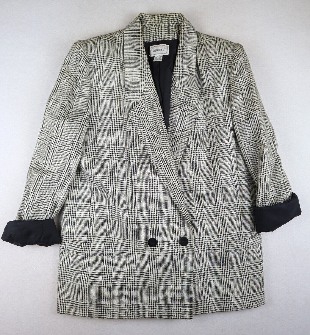 J. GALLERY – VINTAGE WOMEN’S BLACK WHITE PLAID OVERSIZED BLAZER JACKET – 15/16