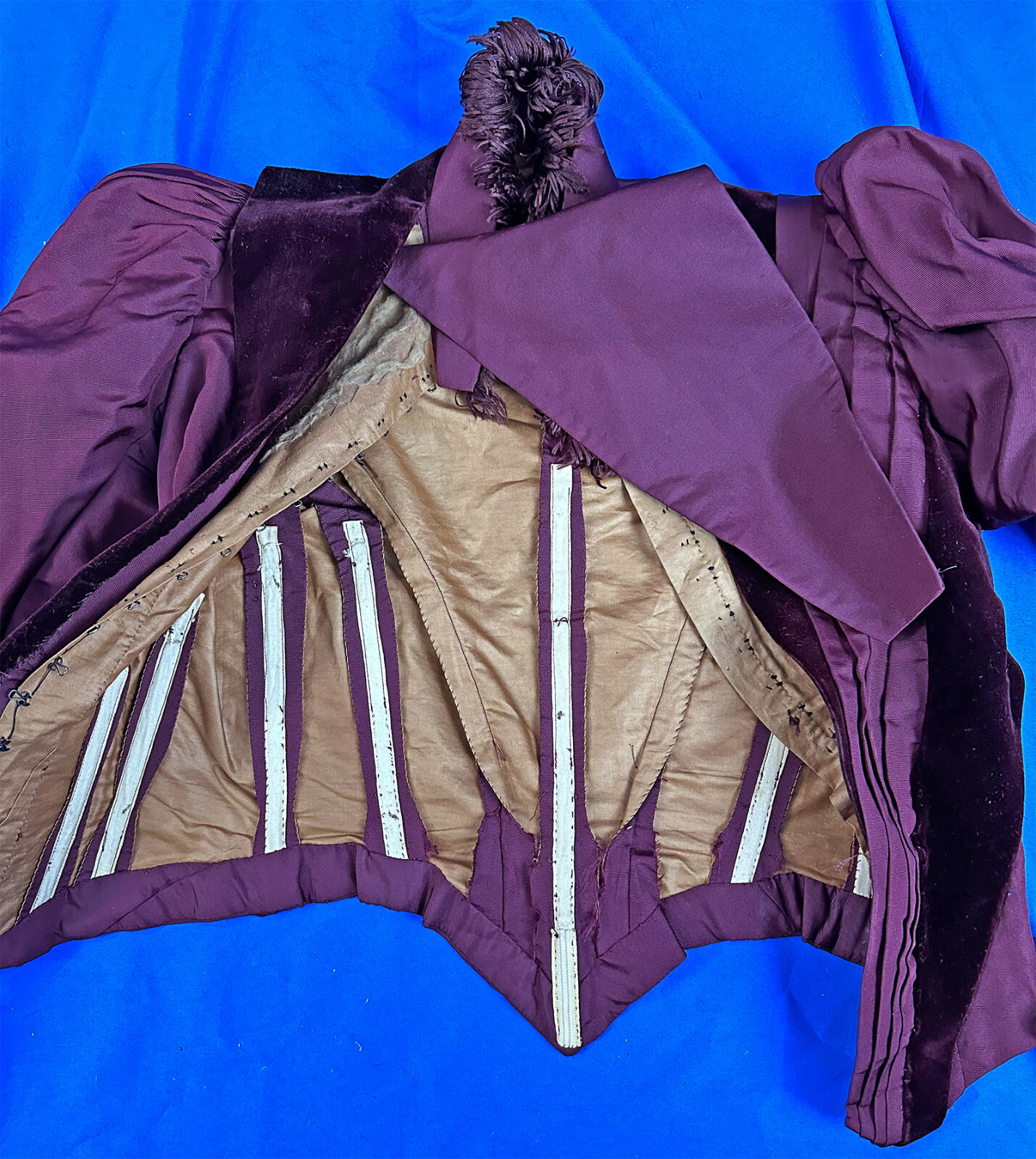 Victorian Burgundy Red Silk Velvet Chenille Fringe Trim Bodice Bustle Skirt Gown