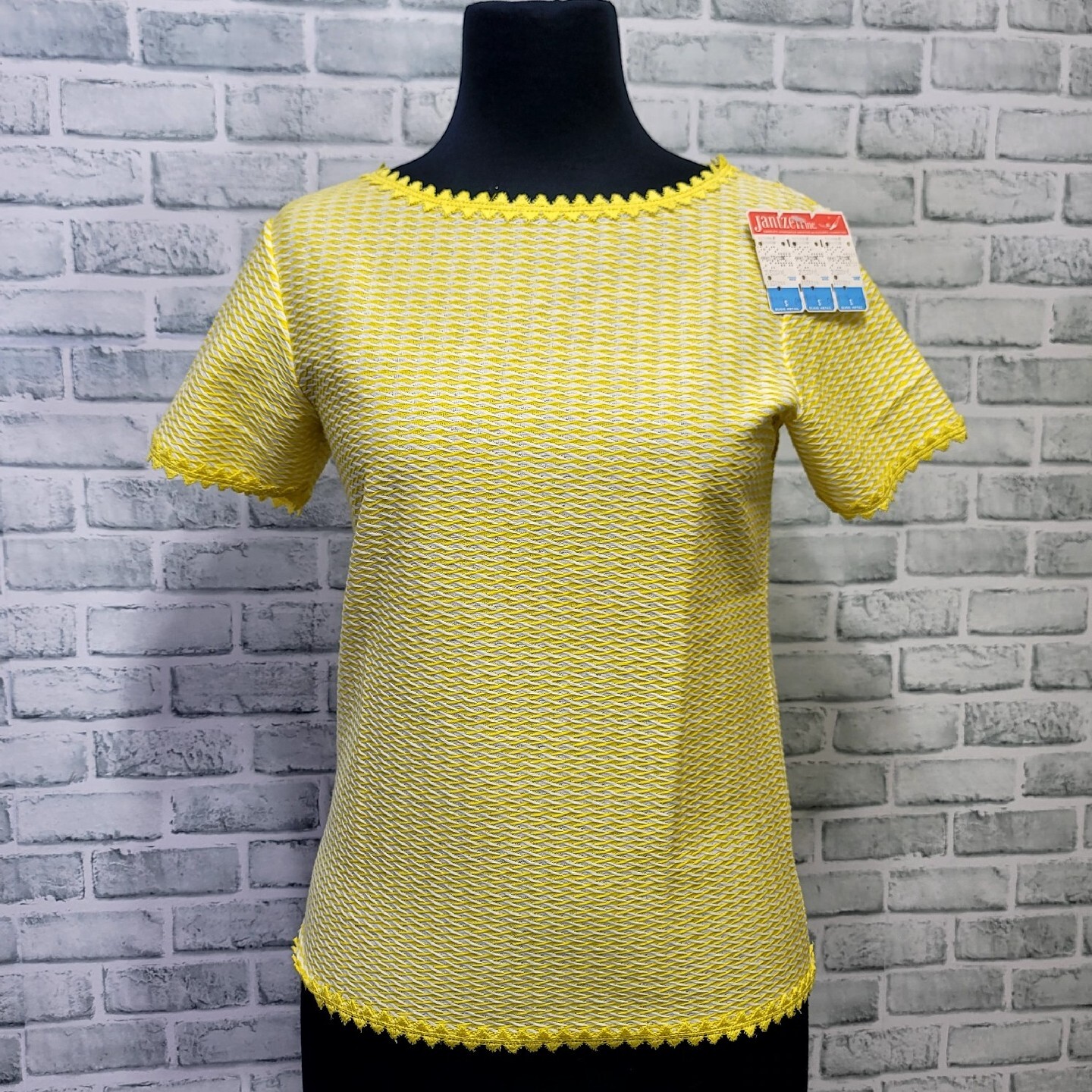 Vintage 60s 70s Jantzen Yellow White Basket Weave Diamond Lace Cotton Shirt S/S