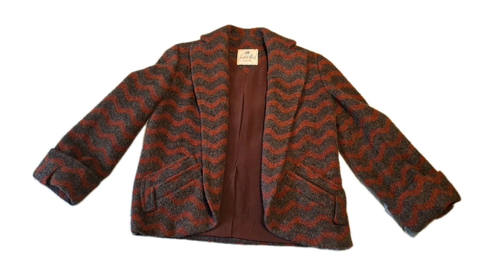 Fred A Block Rare Vintage Origional Coat Virgin Wool Imported Gray Red Womens